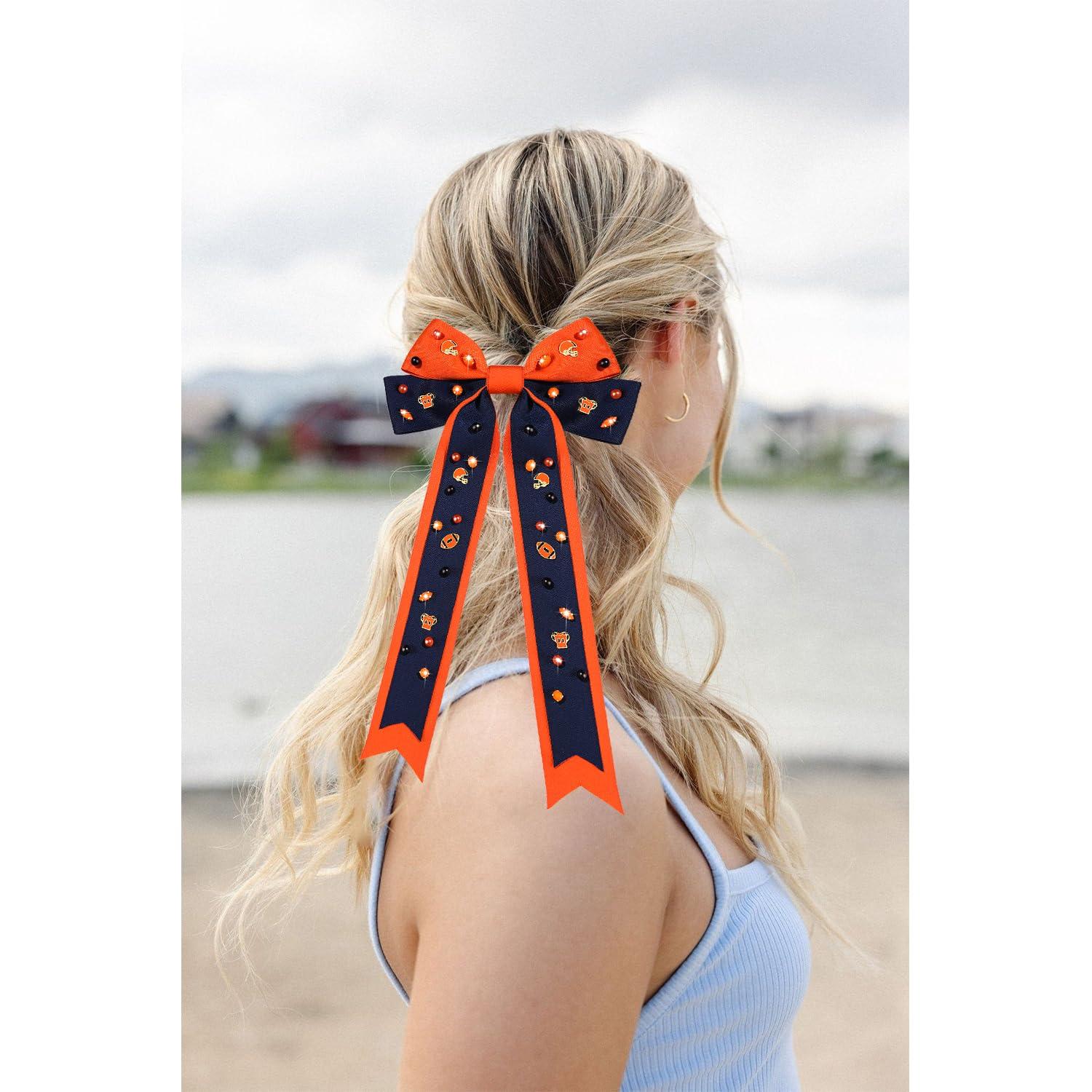 mokkia Game Day Hair Bows for Women Football Hair Bows Clips Silky Satin Sport Race Game Day Hair Ribbons Game Day Football Accessories Outfits Orange Spirit Day Accessories Gifts (Pattern F)
