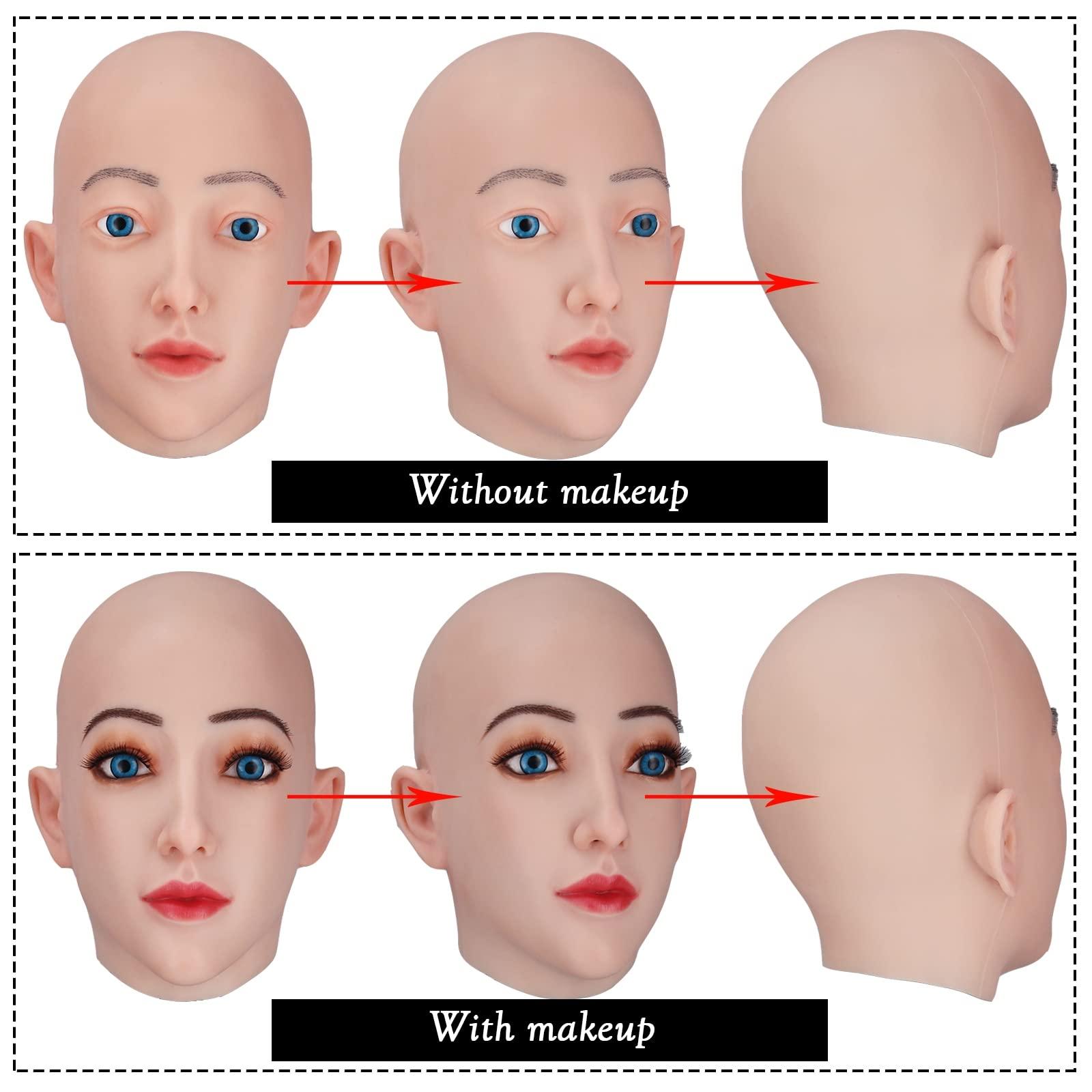 XSWL XSWL Full Silicone Female Head Mask Hand-Made Face with Makeup/Without Makeup for Halloween Costumes Drag Queen Disguise,Color 2,with Makeup