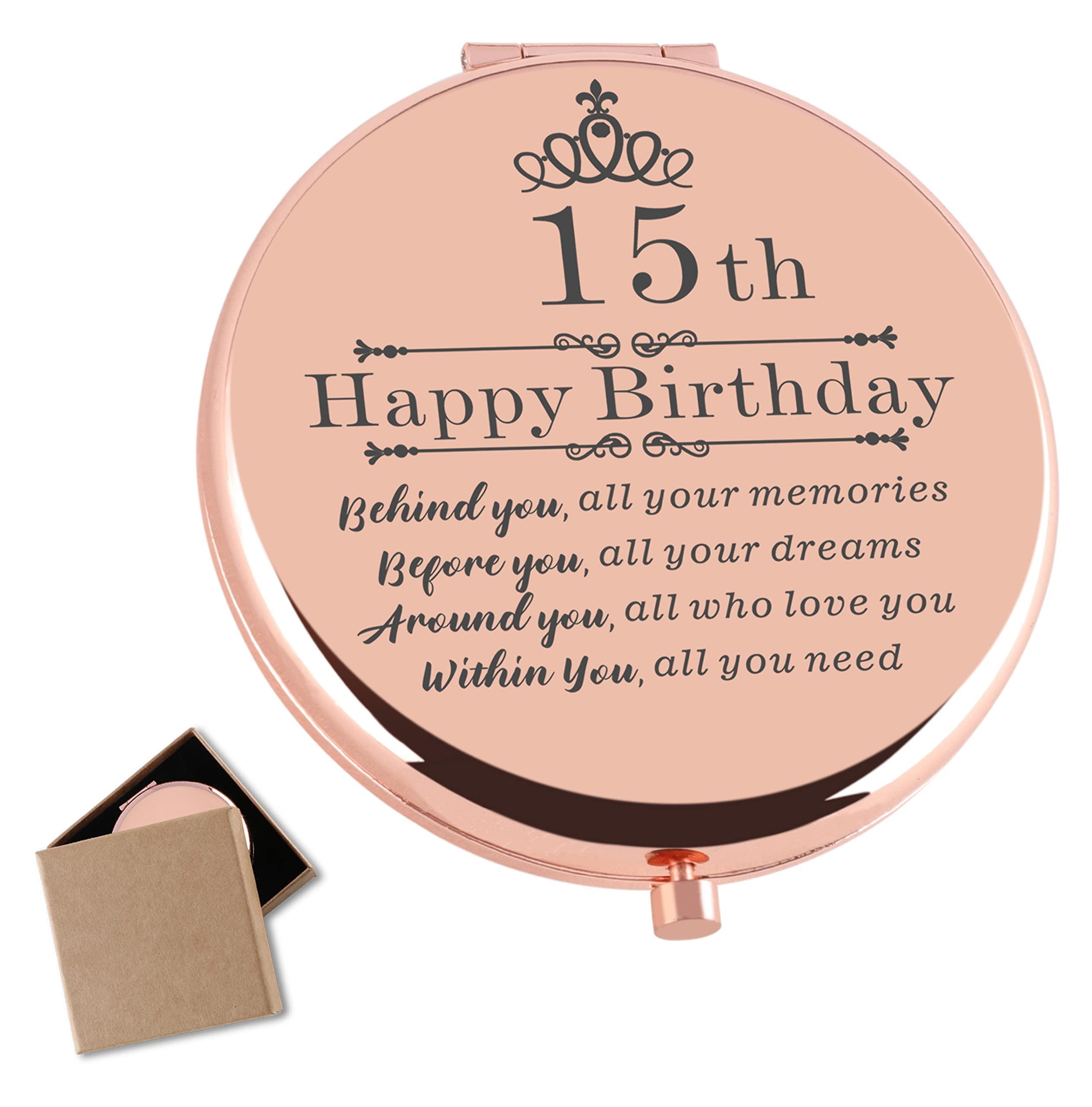 Cawnefil Cawnefil 15 Year Old Girls Gifts for Birthday Rose Gold Travel Compact Mirror 15th Birthday Gift Ideas for Teen Girl Daughter Niece Happy 15th Birthday Idea Gift