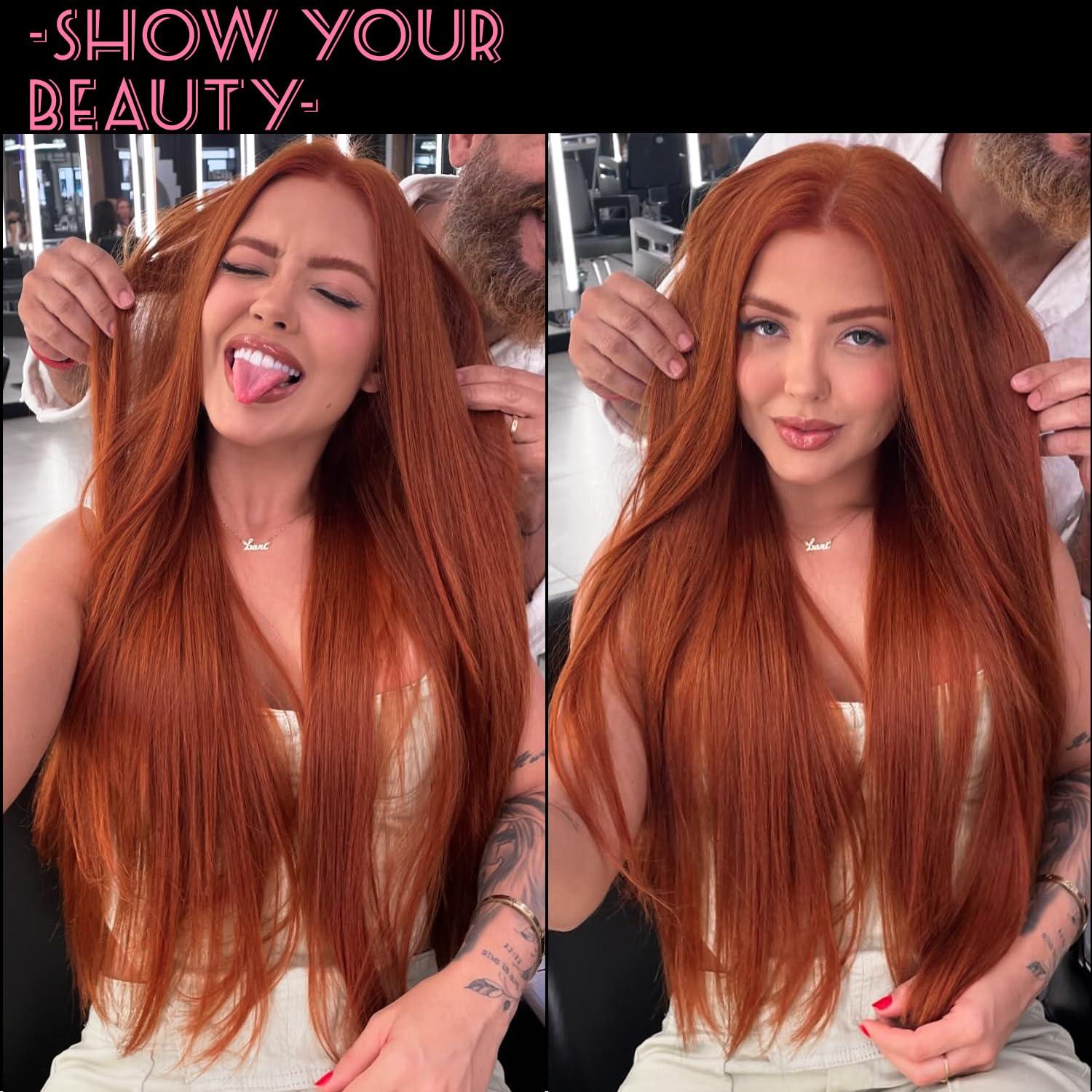 MURAME MURAME 26Inch Lace Front Ginger Wig,Pre-Plucked 13x4x1 Synthetic HD Lace Front Wigs for Women Long Straight Glueless Ready to Wear Wig Orange Ginger Wig