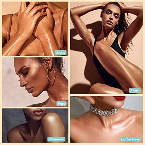 Lezero Body Shimmer Oil, Waterproof Long Lasting Moisturizing Bronze Body Luminizer Glow For Face & Body, Liquid Illuminator Body Highlighter 1oz/Jars, Makeup Brush Include (Rose Gold #01)