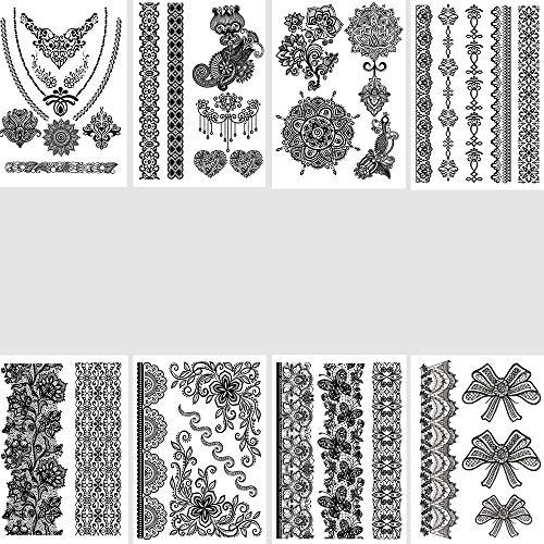 AWLEE Henna Temporary Tattoo Stickers for Women Black Lace Indian Mehndi Wedding Sexy Body Waterproof for Maverick Women Teens Girls (8 Sheets Black)