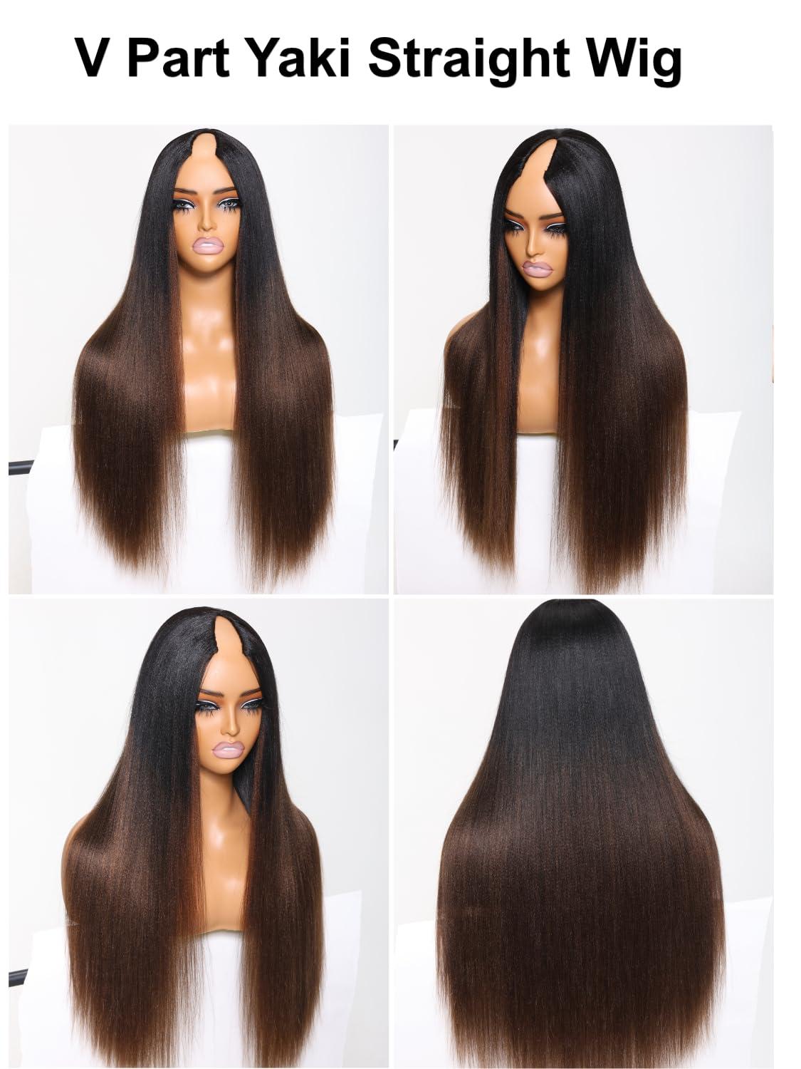 YIROO YIROO V Part Wig Human Hair No Leave Out Ombre Chestnut Brown Yaki Straight Glueless Human Hair Wig Upgrade U Part Wigs for Women V Shape Clip in Half Wig No Glue No Sew in Beginner Wig 18inch