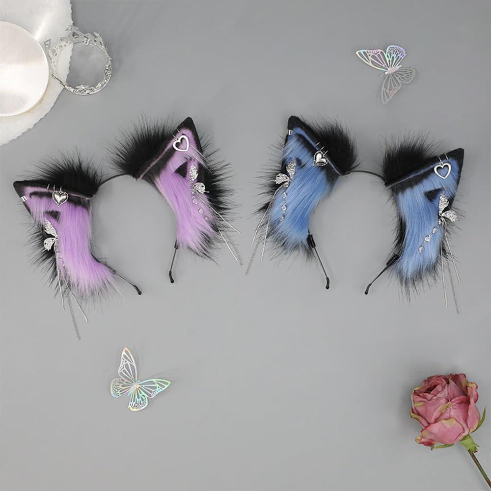 TTYAO REII TTYAO REII Purple Black Fox Cat Wolf Ears Headband Faux Fur Fluffy Animal Ears Head Hoop Exotic Headpiece for Anime Cosplay Party