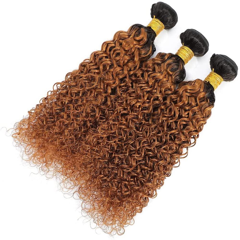 LadrXadr 1B/30 Kinky Curly Bundles Ombre Brown Human Hair Bundles Mixed Length 3 Bundles 20 22 24 Inch Two Tone Black and Brown Bundle Ombre Kinky Curly Bundles Hair Extensions for Women