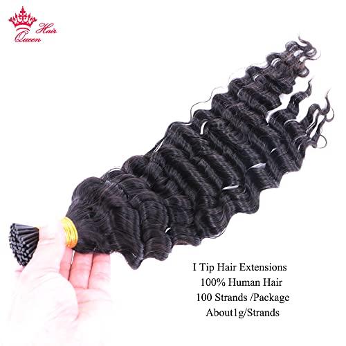 Queen Hair Queen Hair Products Deep Wave I Tip Microlinks Hair Extension Human Hair Brazilian Virgin Hair Bulk I Tip Hair Extensions For Black Women (14inches, I-Tip Hair DW)