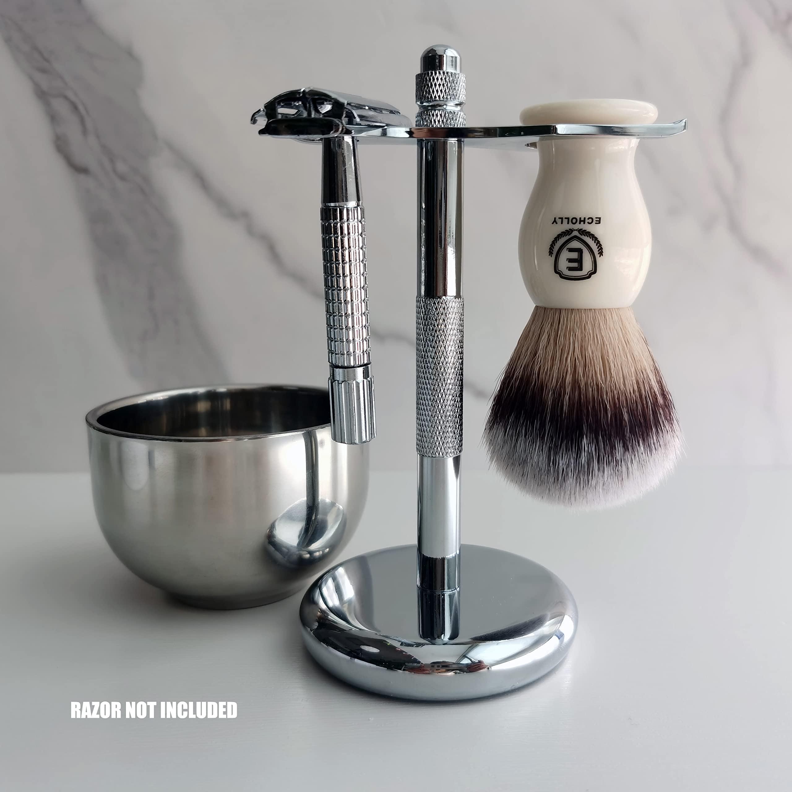 ECHOLLY 3 in1 Premium Shaving Brush Kit for Men Includes Vegan Badger Synthetic Hair Shaving Brush,Stainless Steel Shaving Soap Bowl,Heavy Safety Stand for Mens Gift (Ivory White)