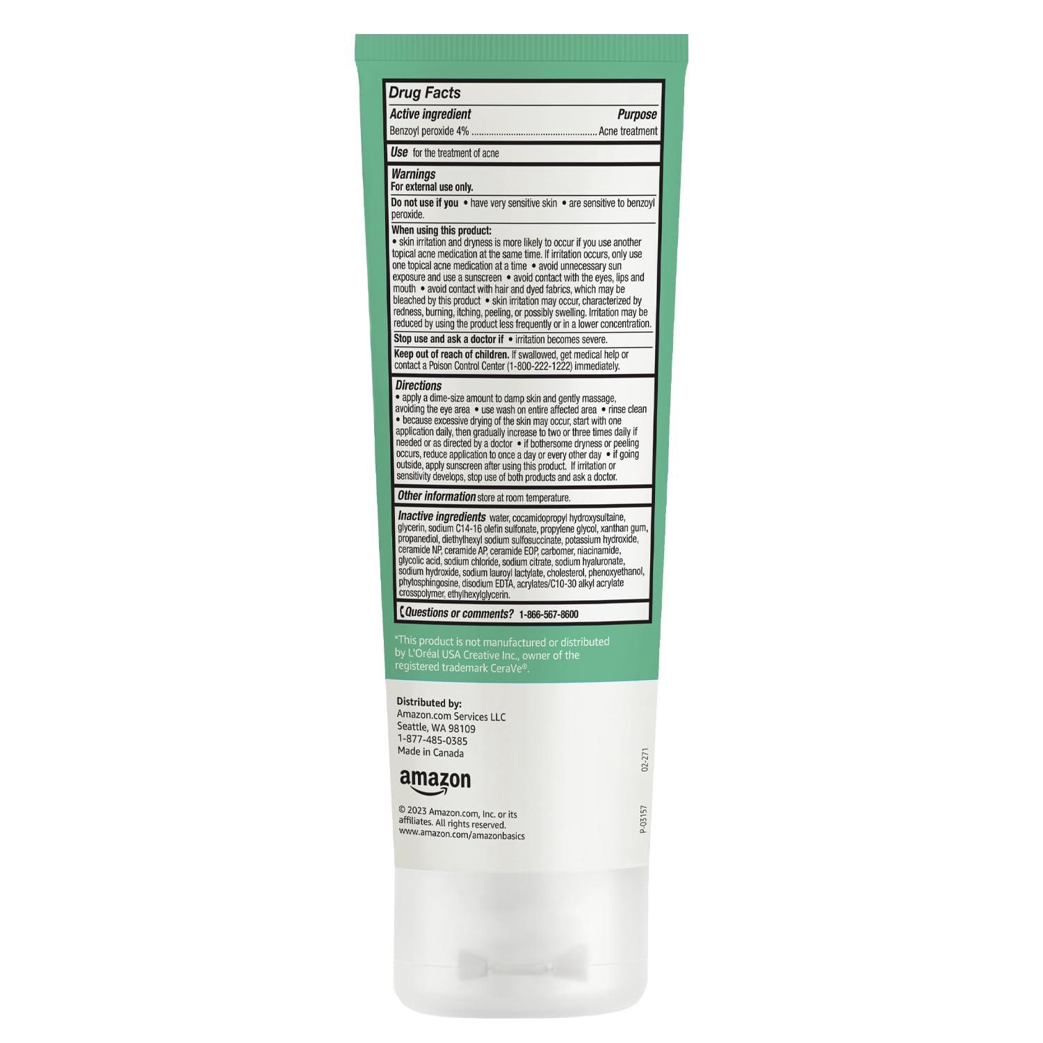 Amazon Basics Amazon Basics Acne Cream Cleanser with 4% Benzoyl Peroxide, 5 Fluid Ounces, 1-Pack