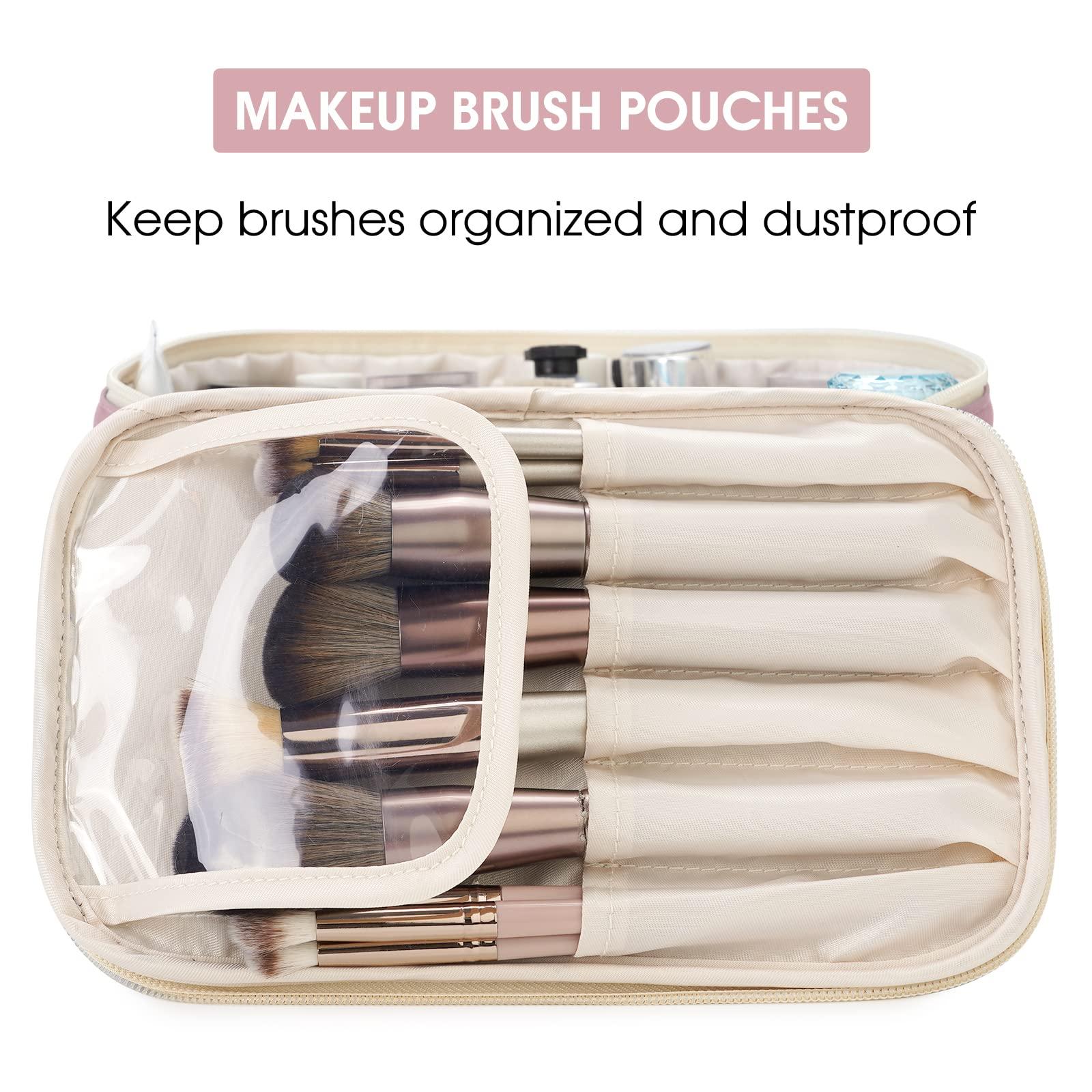 Narwey Narwey Travel Makeup Bag with Brush Compartments, Portable Cosmetic Bag, Make up Bag Makeup Organizer Case with Brush Storage for Women (Dusty Rose-1)