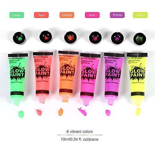 Entweg Glow in The Dark Body Paint,Entweg 24 Tubes 10Ml/0.34Oz Art Body Paint Glow in Uv Light Face & Body Paint with 6 Colors Glow Blacklight Neon Fluorescent for Party Clubbing Festival Halloween Makeup