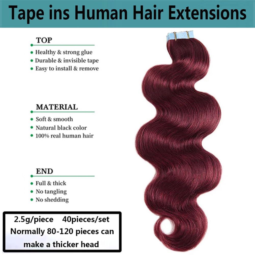 Kiss darling LASHES 40pcs 22inch 100g Tape in Hair Extensions Human Hair 99j Burgundy Tape in Hair Extensions for Women Wine Red Body Wave Tape Ins Invisible Seamless Glue in Hair