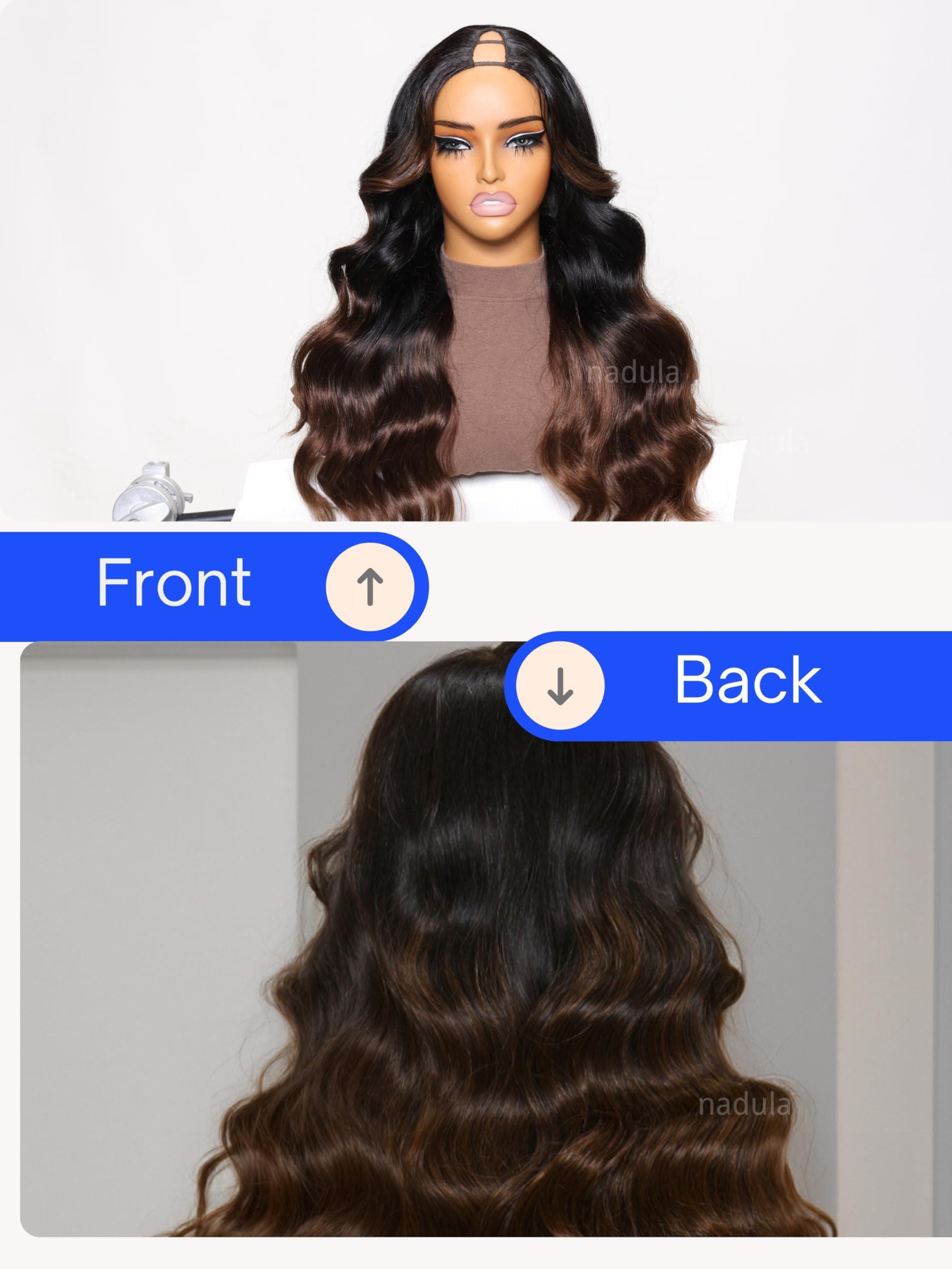 Nadula Nadula Highlight V Part Body Wave Wigs Human Hair No Leave Out Black to Chestnut Brown Ombre Upgrade U Part Wigs, 12A Glueless Ombre V-part Wavy Wigs Clip in Half Wig Ready to Go 180% Density 24inch