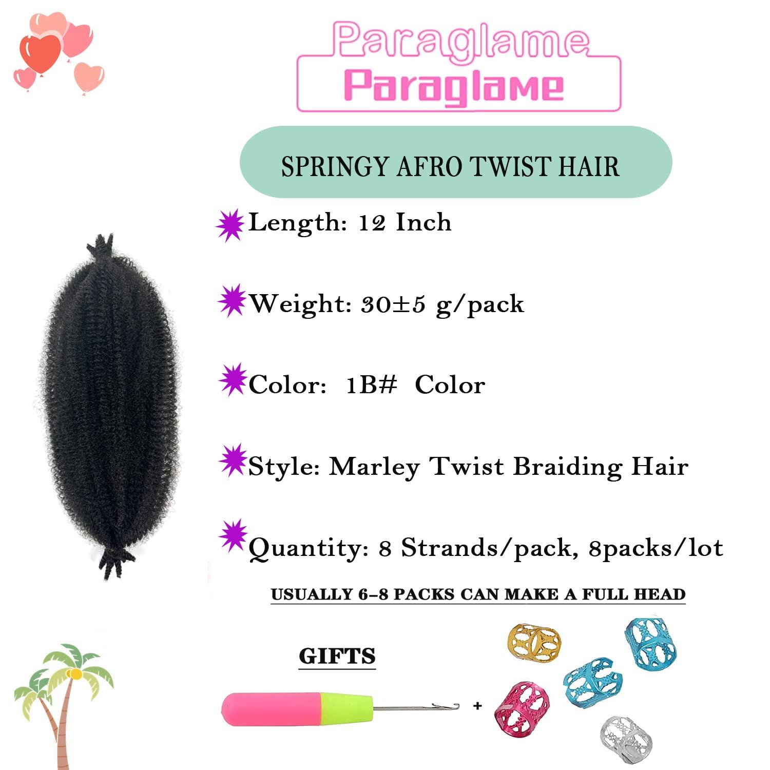 Paraglame Cuban Twist Hair 12 Inch 8 Packs Marley Twist Braiding Hair Springy Afro Twist Hair, Kinky Twist Hair for Braiding, Wrapping Hair for Distressed Butterfly Locs (8Packs, 1B#)