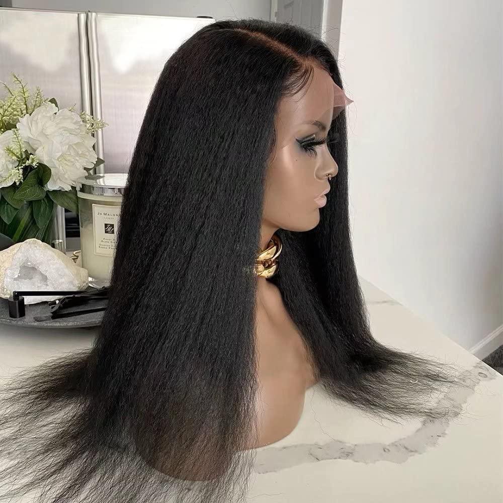 Imeya Imeya 24 Inch Yaki Lace Front Wigs Human Hair Natural Black Color Kinky Straight Human Hair Wig Brazilian Remy Hair Pre Plucked with Baby Hair Can be Washed and Ironed Wig 150% Density 13x6 HD Lace