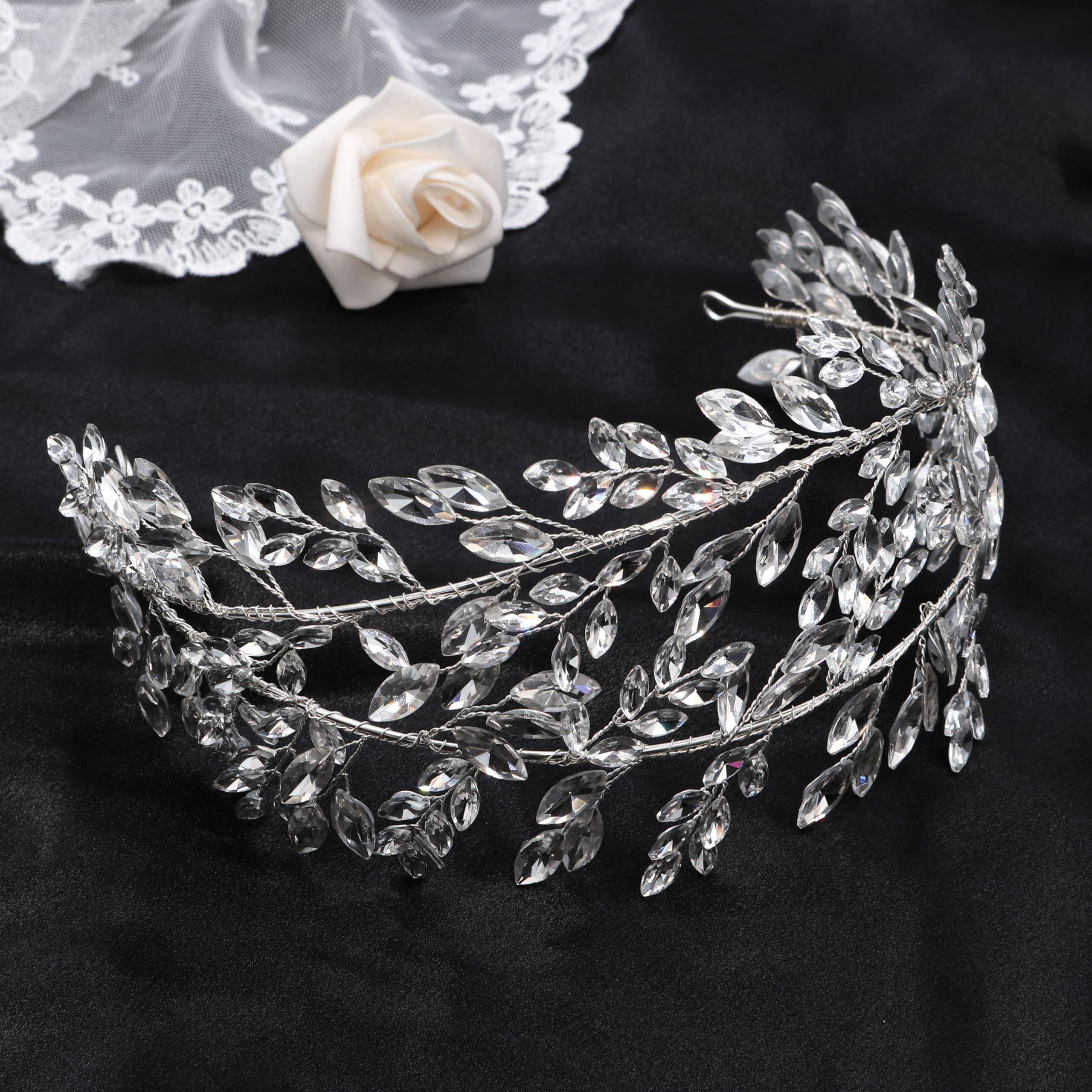 Oriamour Oriamour Crystal Bridal Headbands Silver Leaf Tiara Headband for Women Wedding Headpices for Women Hair Accessories