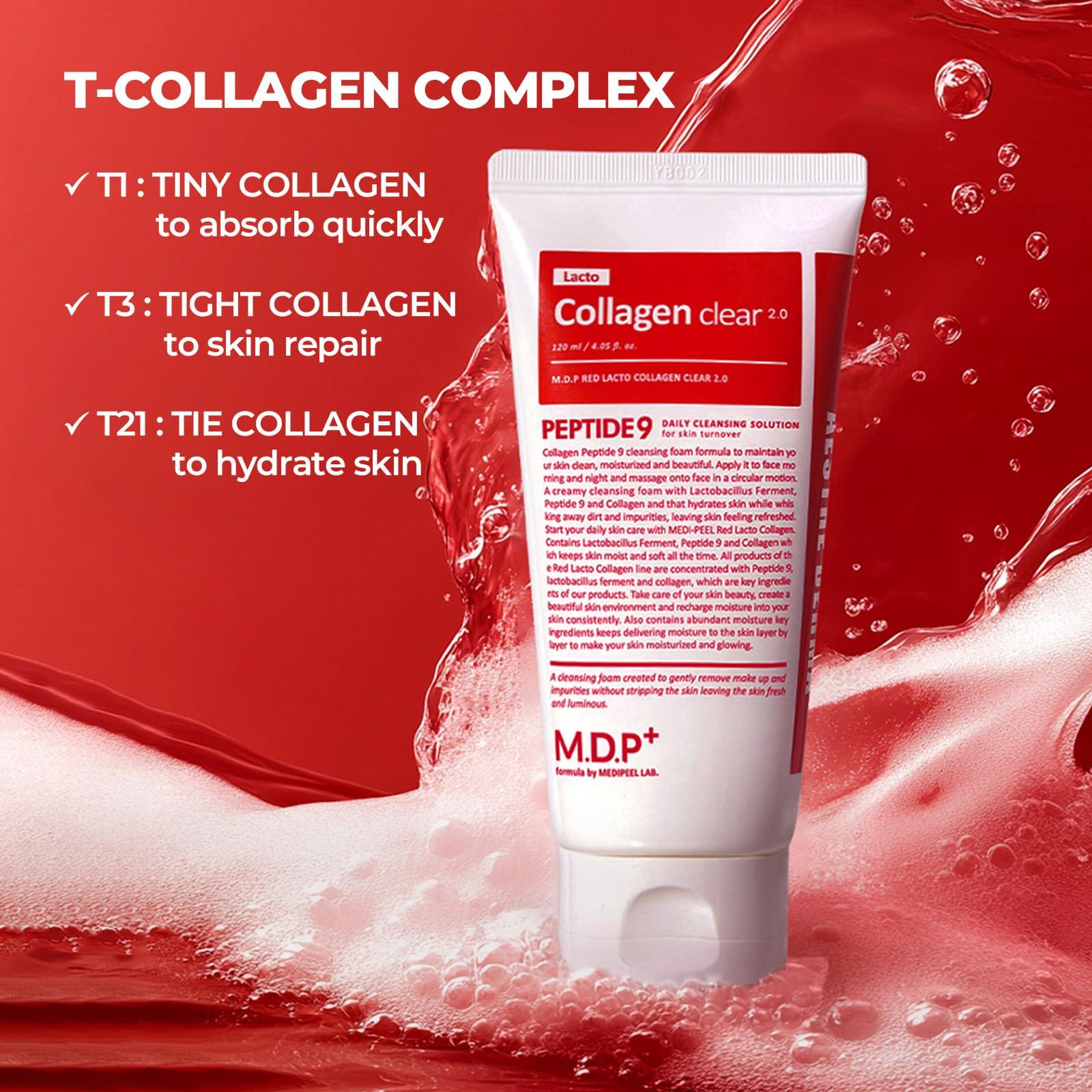MDP MDP+ RED LACTO COLLAGEN CLEAR 2.0, Peptide, Deep Pore Cleansing, Hydrating|4.05oz/120ml,Pore Tightening, Hydrating Cleanser, Daily Moisturizing Cleanser, Foaming Facial Wash