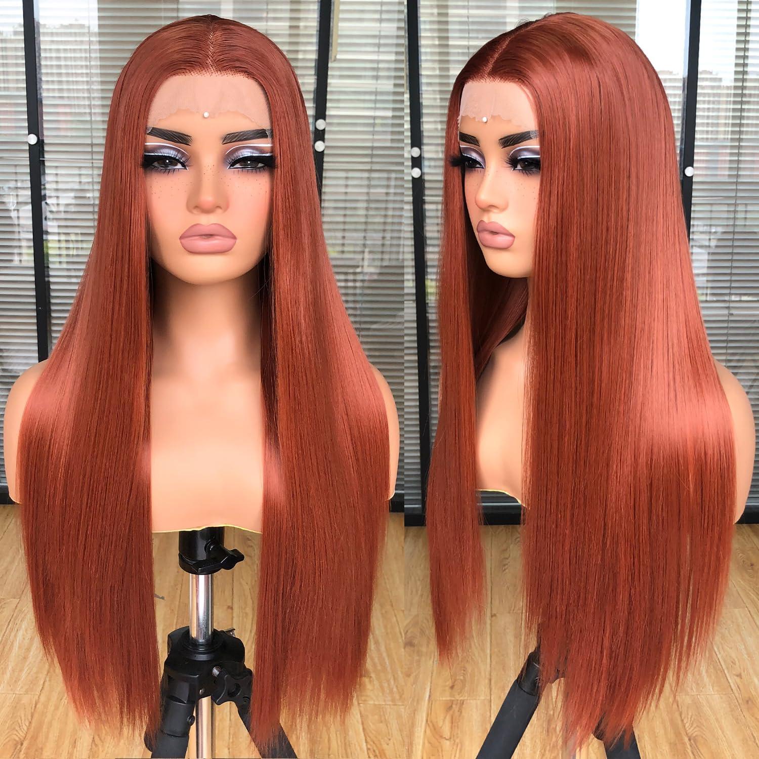 MURAME MURAME 26Inch Lace Front Ginger Wig,Pre-Plucked 13x4x1 Synthetic HD Lace Front Wigs for Women Long Straight Glueless Ready to Wear Wig Orange Ginger Wig