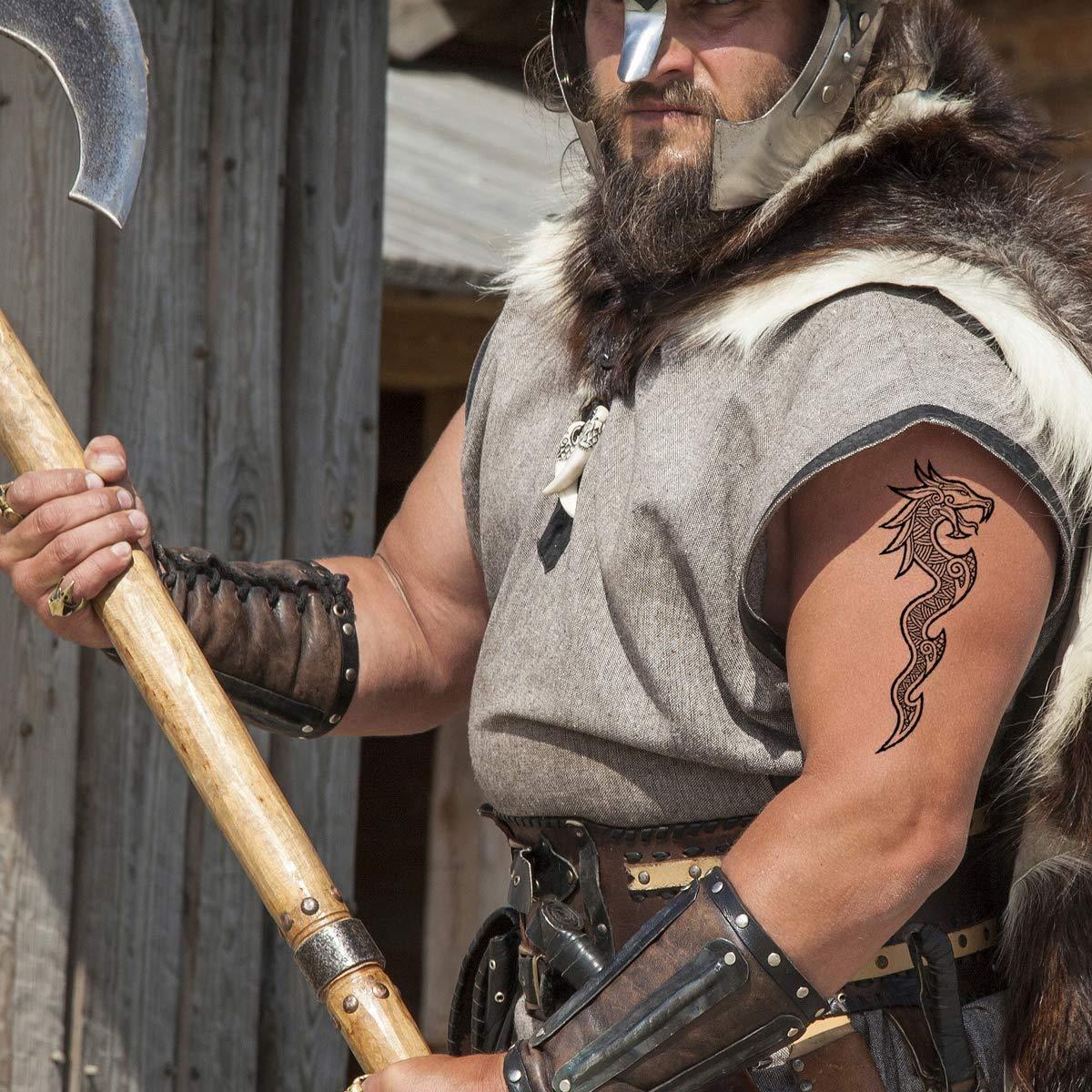 Tatodays Tatodays 2x Temporary tattoo viking dragon arm back body art stickers nordic celtic tribal middle ages medieval full adults men women arm leg sleeves fancy dress cosplay