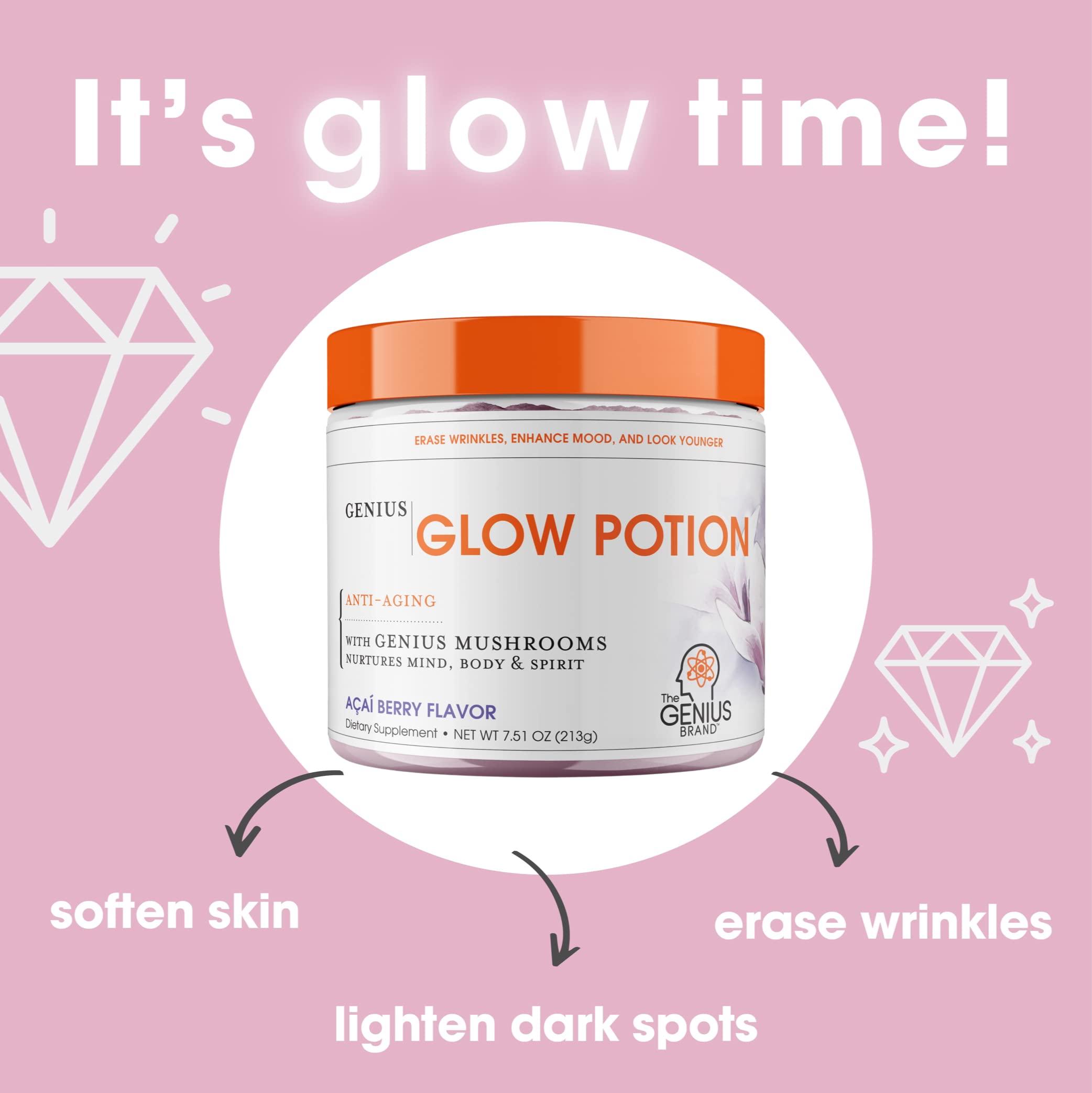 The Genius Brand The Genius Brand Glow Potion, Anti-Aging Supplement, Acai Berry Powder - Supplements for Glowing Skin with Genius Mushrooms - All-in-One Wrinkle, Fine Line, Dark Spot Remover & Boosts Skin Repair