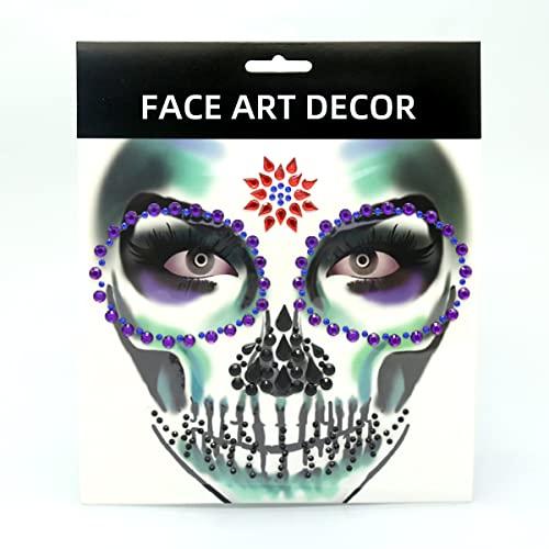 Jacnkb Skull Face Gems Jewels Rhinestone, Halloween Temporary Face Tattoos, Day of the Dead Face Tattoo Stickers, Crystal Body Gems Stick on Face for Festival Rave Party Cosplay 2Pcs