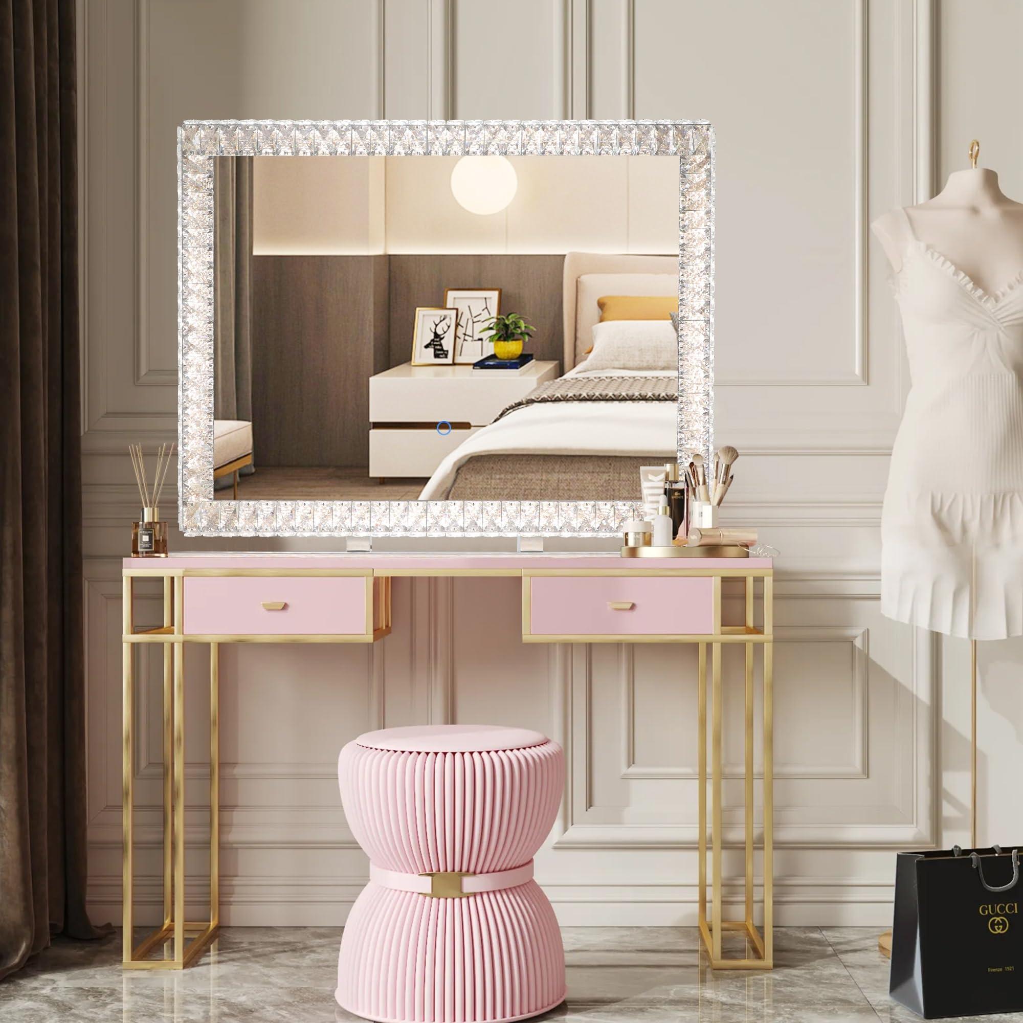RINDOW RINDOW 35\" x 27\" Crystal LED Dimmable Hollywood Vanity Mirror, Large Lighted Makeup Mirror for Desk, Dimmable 3 Lighting Modes, Lights with Crystal Crush Diamond, Metal Frame