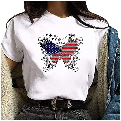 niaanieaie Women's Tops for Independence Day Floral Tops V/O Neck Printed Basic Loose Casual(White,XL)