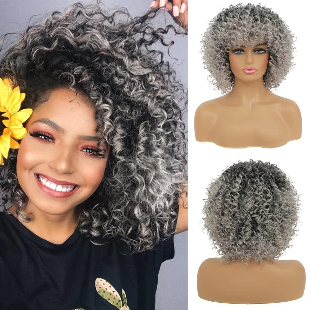 Kaneles Kaneles Short Grey Kinky Afro Wig for Black Women Synthetic Mixed Gray Wigs with Bangs Hair Shoulder Length Kinky Afro Curly Wig for Daily