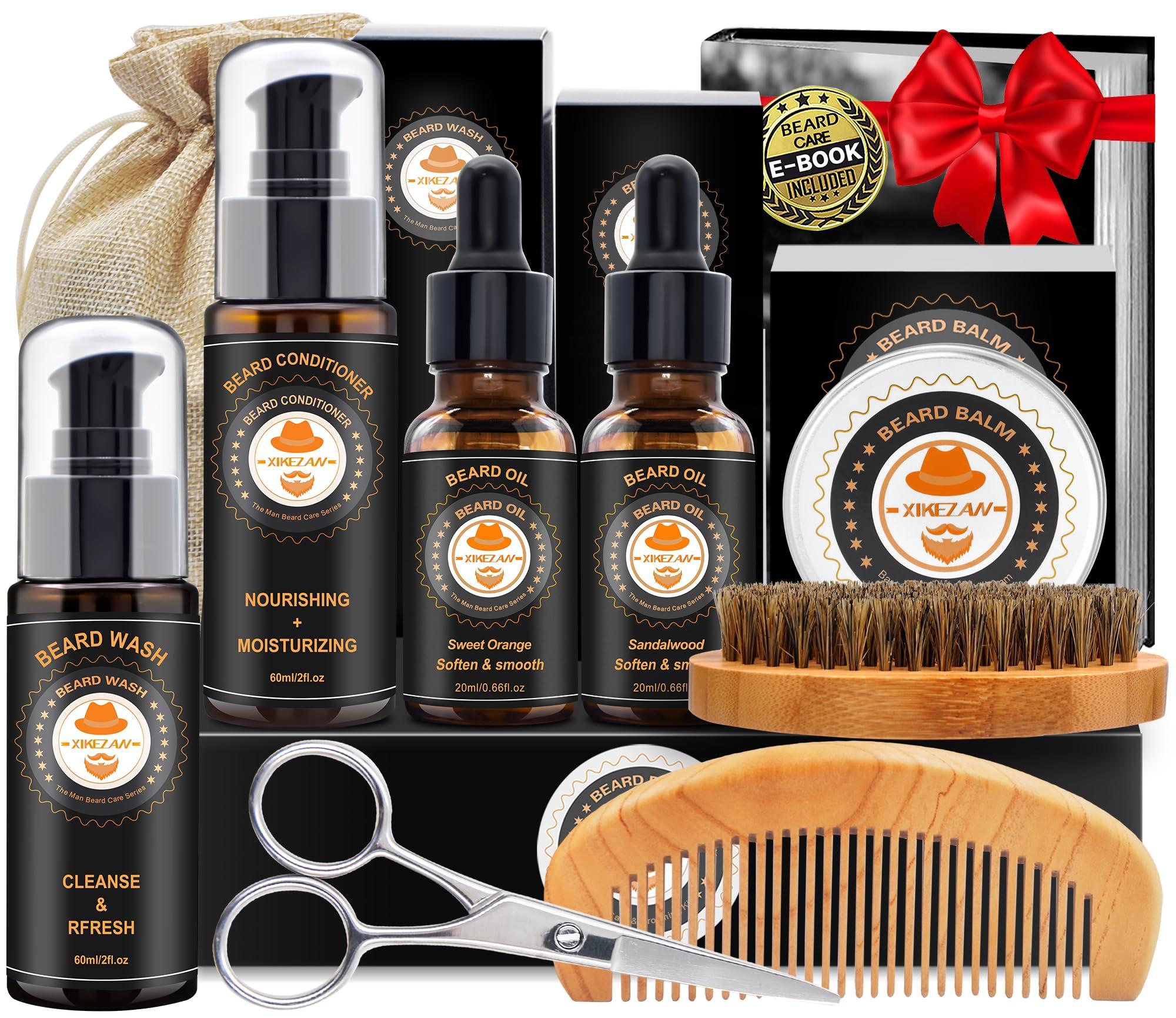 XIKEZAN XIKEZAN Beard Grooming Kit w/Beard Conditioner,Beard Oil,Beard Balm,Beard Brush,Beard Wash,Beard Comb,Beard Scissor,Bag,E-Book,Birthday Gifts Valentines Gifts for Men Him Dad Husband Boyfriend
