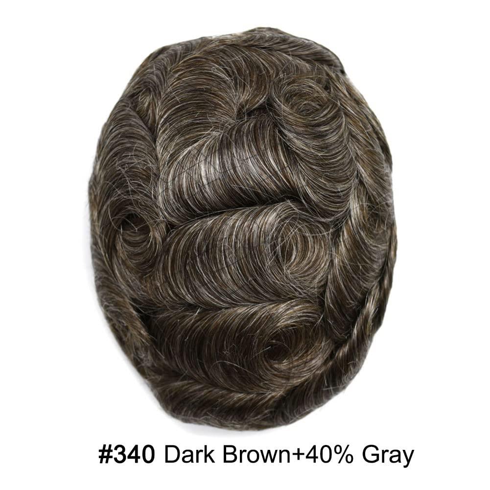 Generic Toupee for Men Hair Replacement System All Poly Mens Toupee Human Hair Units Skin PU Mens Hair Piece Grey Black Brown Patch Wigs (#340 3# DARK BROWN WITH 40% SYNTHETIC GREY)