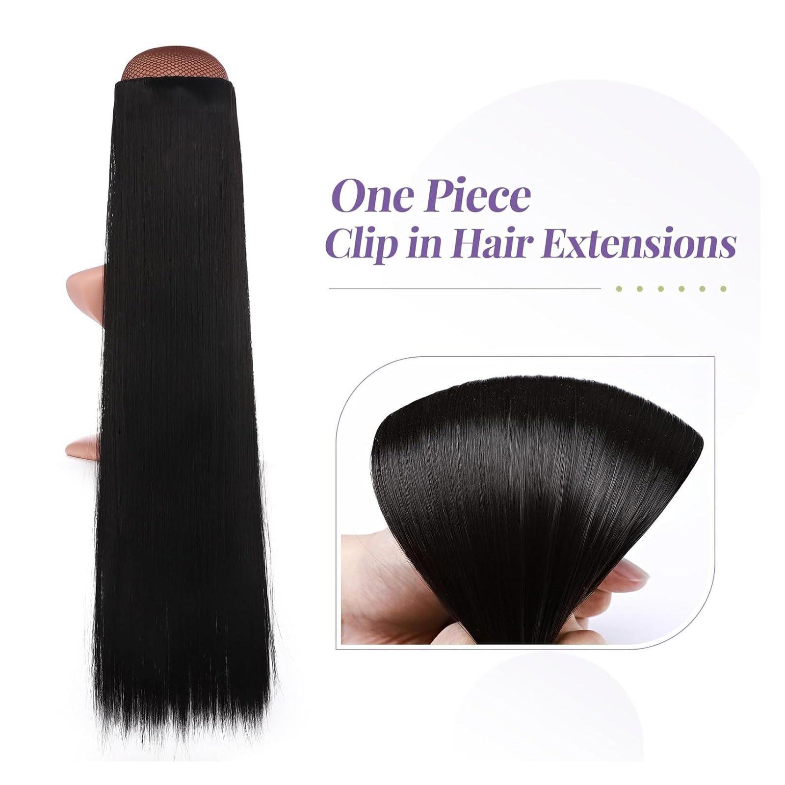 RIBONI One Piece Clip in Hair Extensions 22Inch Auburn Silky Straight Synthetic Seamless 5 Clips 3/4 Full Head One Piece Hair Extensions Clip in