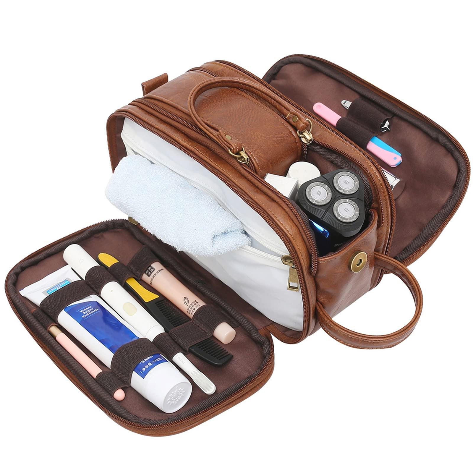 rismart rismart Men's Travel Toiletry Bag Pu Leather Water Resistant Organizer Travel Kit Brown