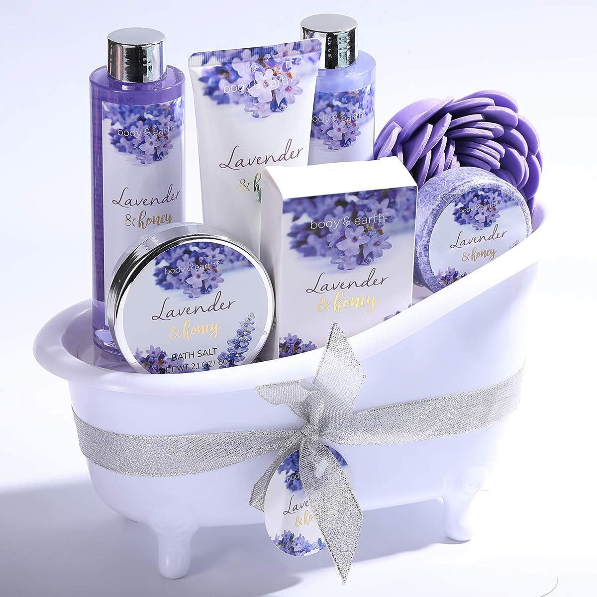BODY & EARTH Bath and Body Gift Set - Lavender Gifts for Women, Body & Earth Bath & Shower Sets, 8 Pcs Lavender Honey Gift Sets with Bubble Bath, Lotion Set, Soap, Spa Kit for Women, Christmas Gifts for Mom
