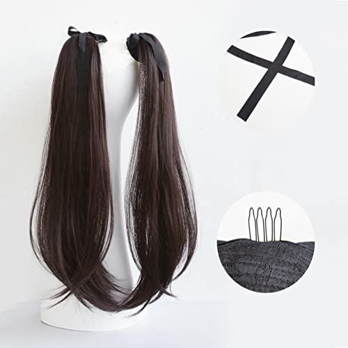 LesafeV LesafeV 2pcs Ponytail Wig Tie up-Long Straight Hair Extension Cosplay Twin-tail Cute Pony Tail Pig Tails Hairstyle 18" Black Brown