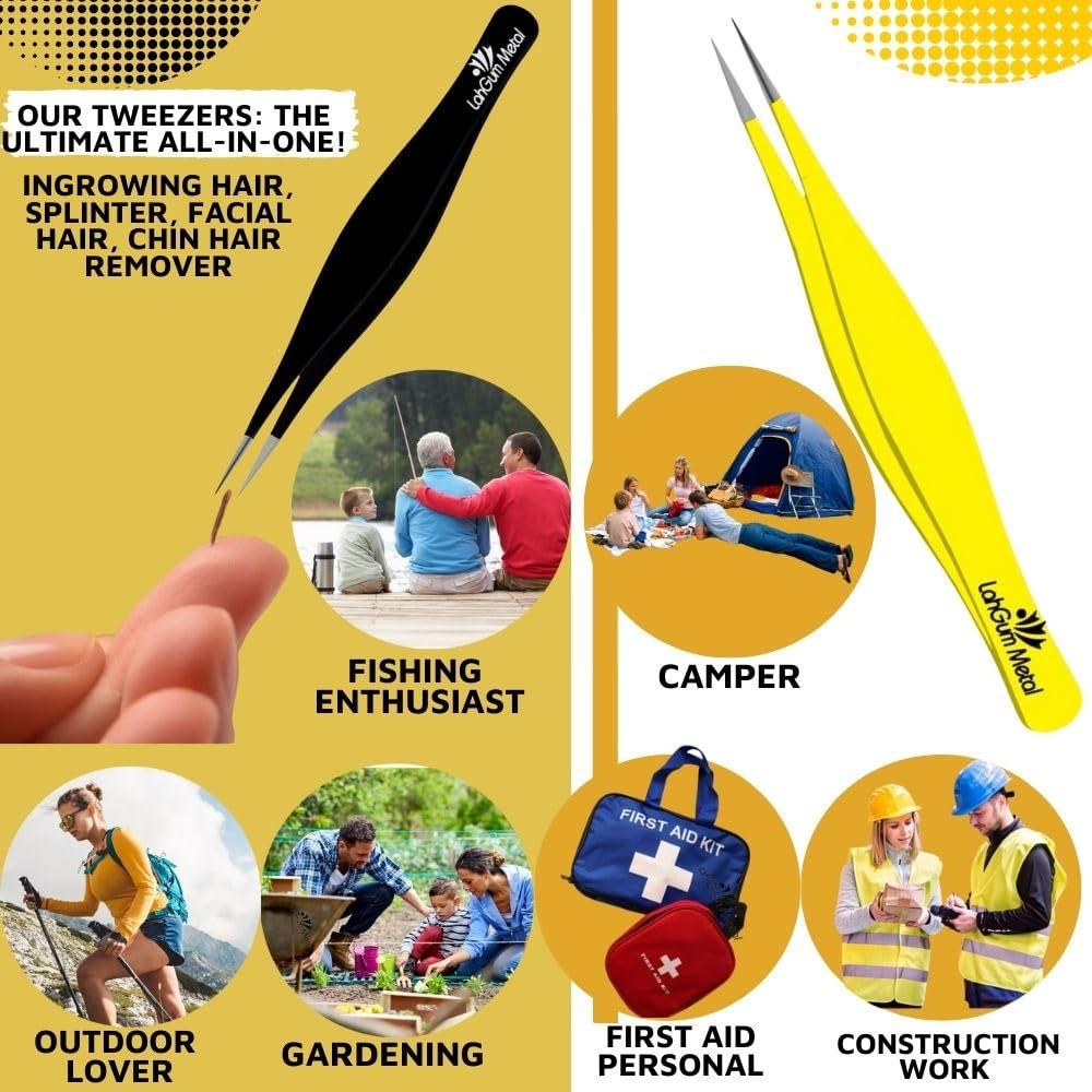 LahGum Metal Super Sharp Pointed Tweezers Precision Fine Point Tip Ingrown Hair Tweezers Kit Best Pointed Tweezers for Women Chin Hair Removal - Extra Thin Tweezers Precision Stainless Facial Hair Remover for Face