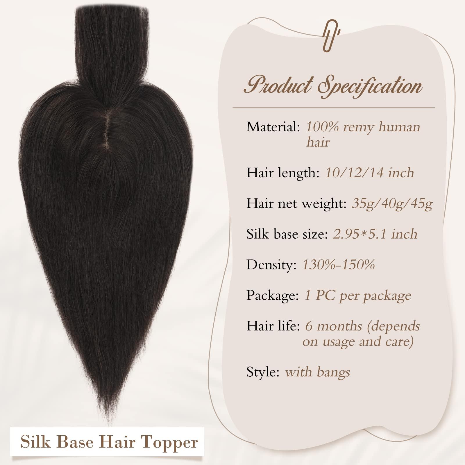 RUWISS RUWISS Human Hair Topper with Bangs Crown Topper Hair Pieces for Women Short Wiglet Topper for Thinning Hair 7.5 * 13CM Silk Base 100% Real Human Hair Clip in Topper 10Inch 35gNatural Black