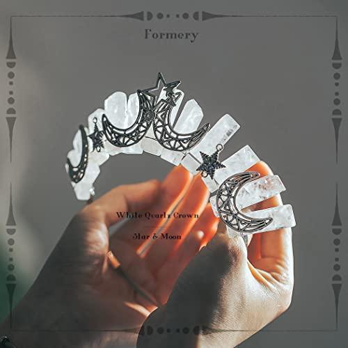 Formery Formery Star White Quartz Headband Silver Crescent Moon Natural Stone Crown Hairband Halloween Cosplay Wedding Crystal Tiara Headpiece for Women