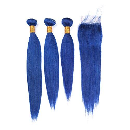 Generic Silky Straight Blue Color Human Hair Weaves With Lace Closure With Baby Hair Unprocessed Free Middle Closure Pieces With Blue 3Bundles Extensions (14 16 18+12 inch closure)