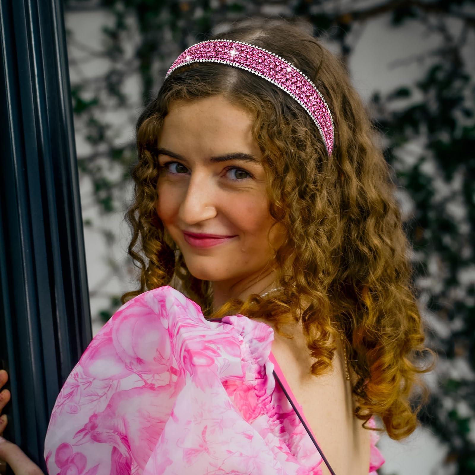 Wecoe Wecoe Hot Pink Rhinestone Headband - Bling Sparkly Crystal Diamond Thin Hair Band for Women, Girls, Holiday, Birthday Gift