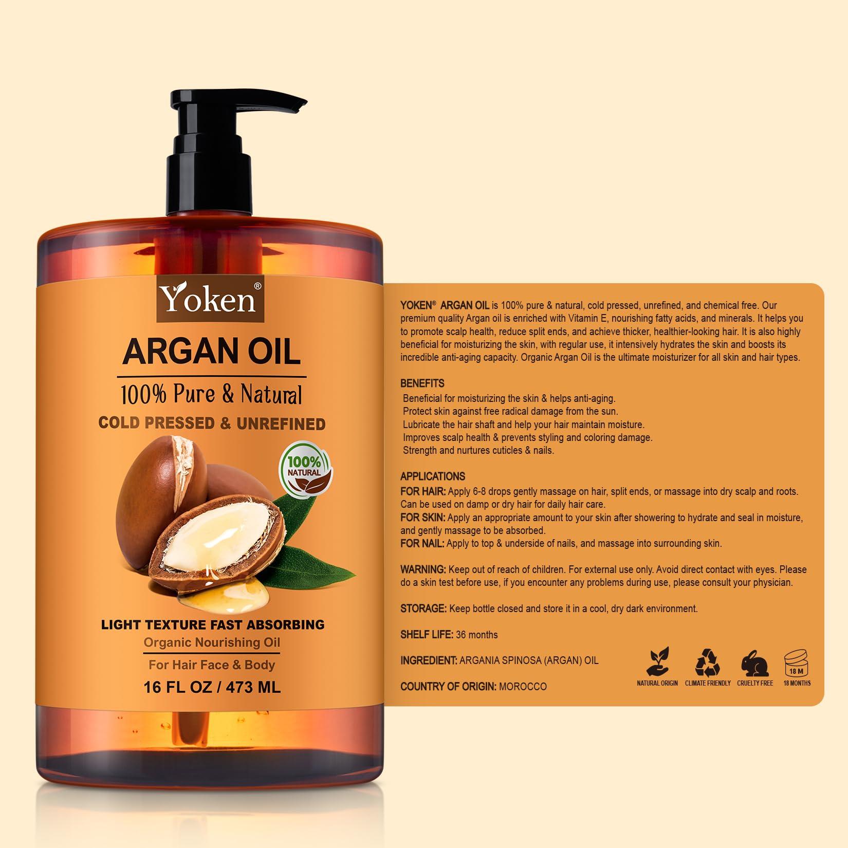 Yoken Yoken Argan Oil for Hair, 16 Fl Oz Pure and Natural Morocco Argan Oil, Argon Oil For Hair, Scalp, Face & Skin Care, 100% Cold Pressed Hair Conditioner, Unrefined Argon Nails Carrier Oil