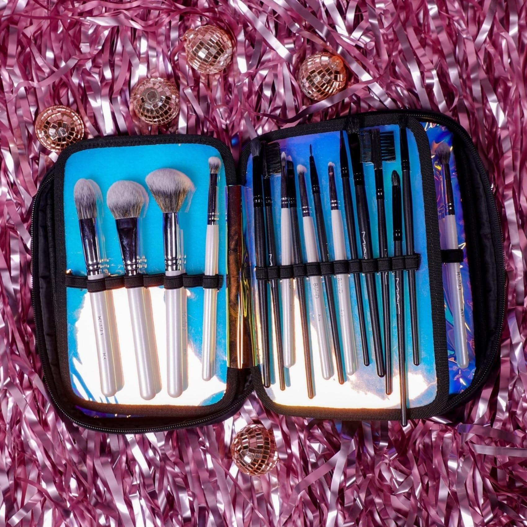 IMPRESSIONS VANITY  COMPANY Impressions Vanity IBIZA Slim Brush Holder Case with 4 Sections, Zippered Cosmetics Bag Organizer for Traveling, Makeup Travel Case for Brushes, Lipgloss, Eyeliner, Mascara (Black)