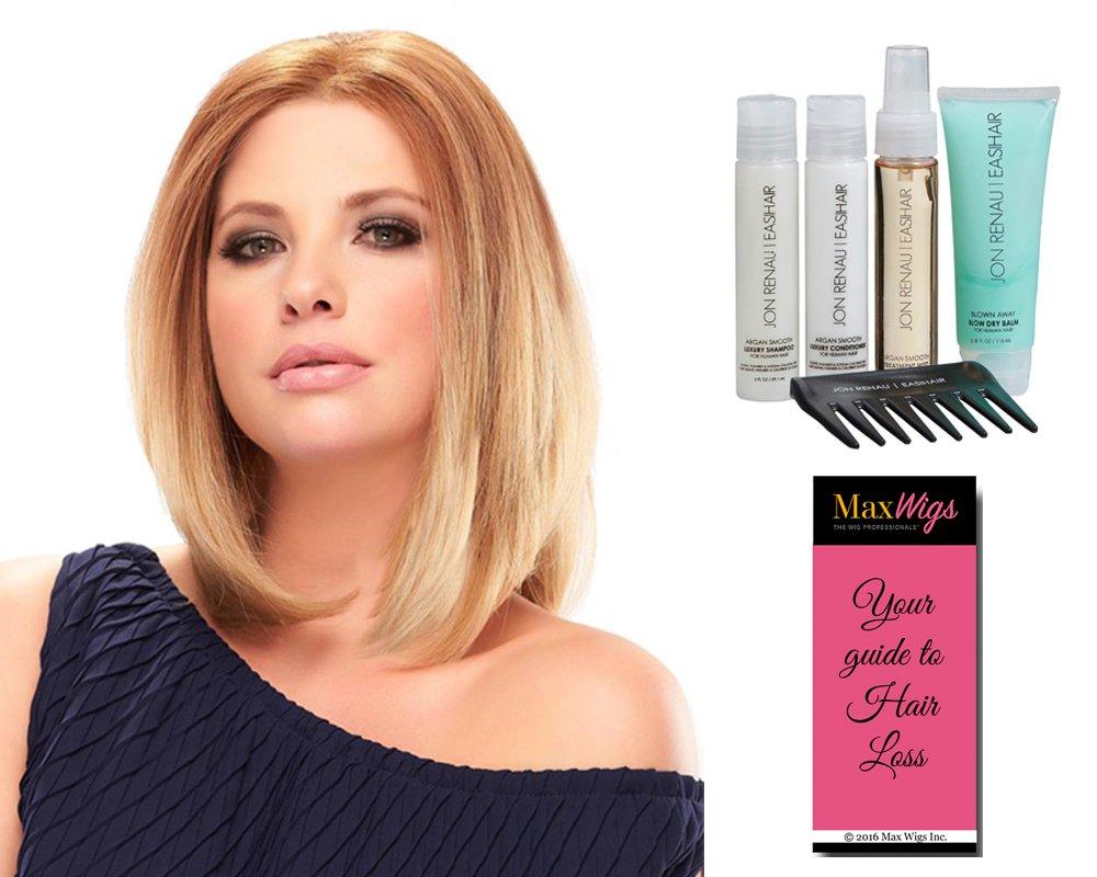 Jon Renau Maxwigs Carrie Human Hair Petite Cap Color 8 Cocoa - Jon Renau Wigs 11\" Shoulder Length Bob Monofilament Top Smart Lace Front Flipped Curl Bundle Travel Kit MaxWigs Hairloss Booklet