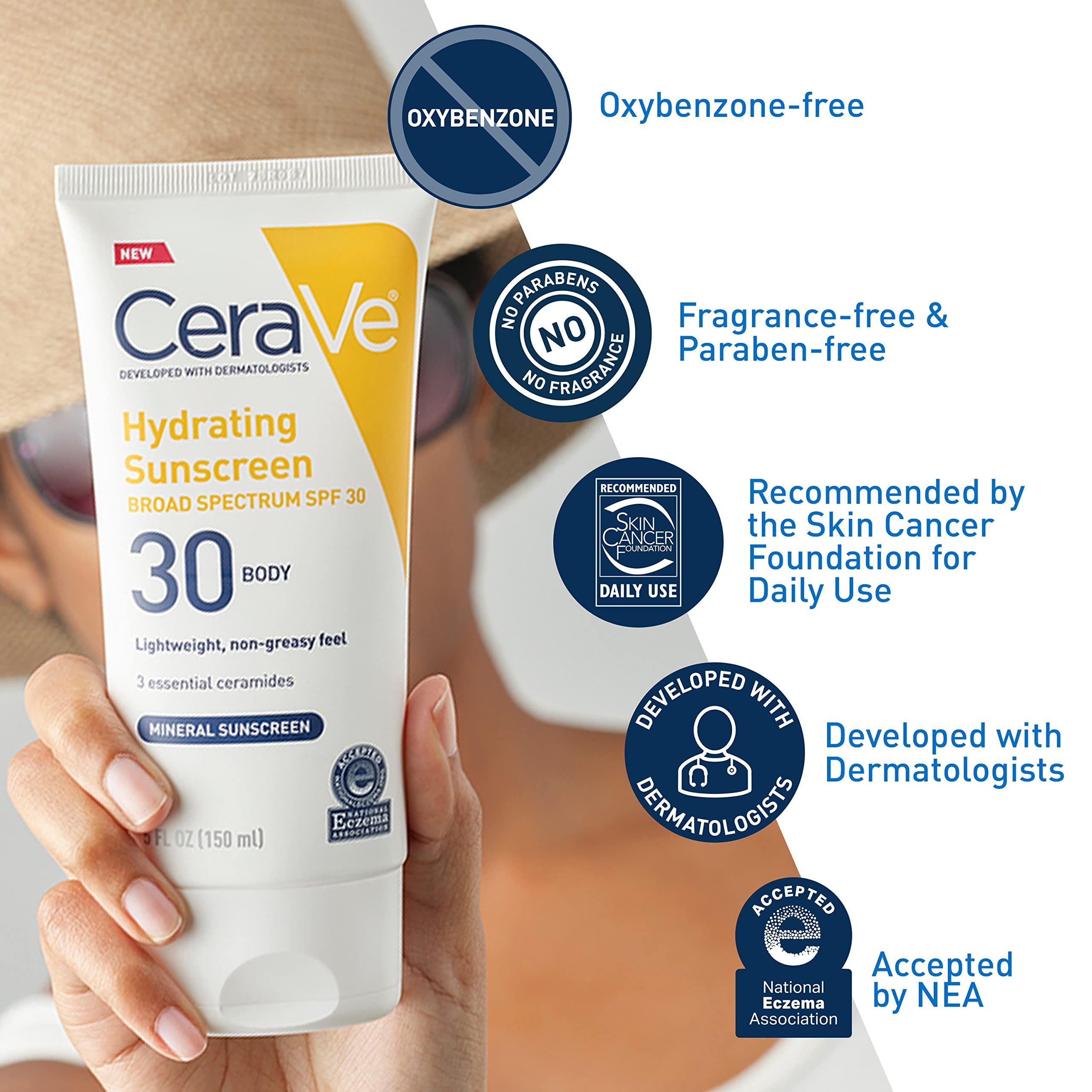 CeraVe CeraVe 100% Mineral Sunscreen SPF 30 with Zinc Oxide & Titanium Dioxide, Hyaluronic Acid & Ceramides, Oil Free, Non-Greasy, Hydrating Mineral Sunscreen For Body, 5 oz