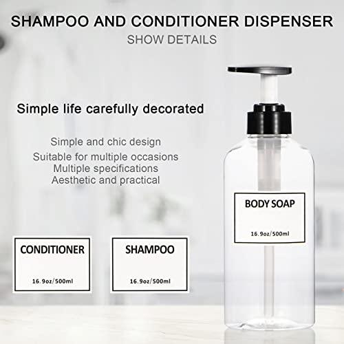 Yeeco Clear Shampoo and Conditioner Bottles,Yeeco Shampoo Pump Bottle Shampoo Bottles Dispenser with Waterproof Labels 16.9oz/500ml 3 Pack for Shampoo and ConditionerBathroom, Kitchen, Hotel