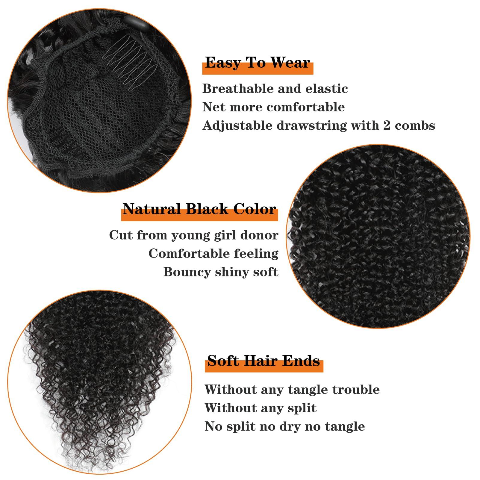Yacurcur Yacurcur Kinky Curly Ponytail Human Hair Drawstring Ponytail for Black Women 10A Brazilian Virgin Human Hair 4C Curly Ponytail Extension Natural Black 20 Inch