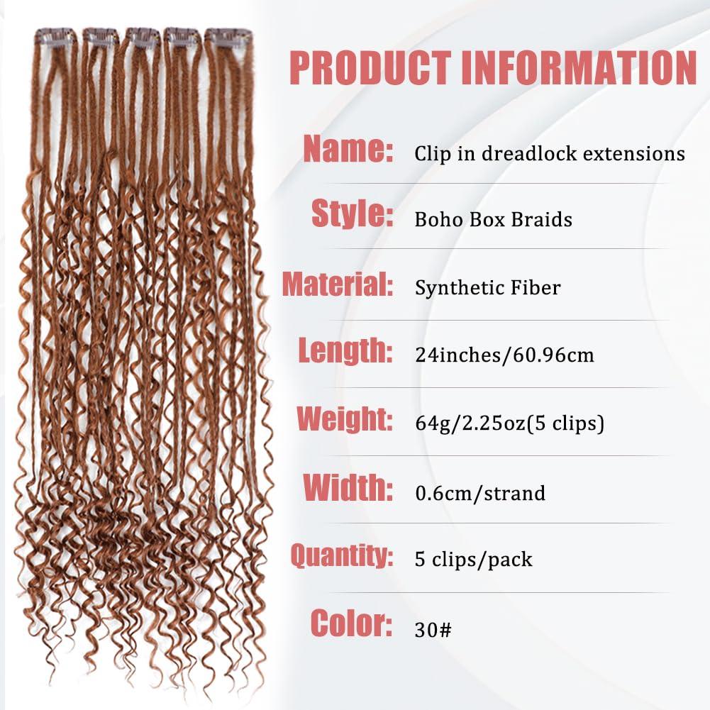Ajsowju Ajsowju Boho Dreads Clip in Dreadlock Extension 5PCS 20 Strands Clip in Boho Dreadlock 24inches Thin Soft Dread Extenisons for Women (30#,Boho)