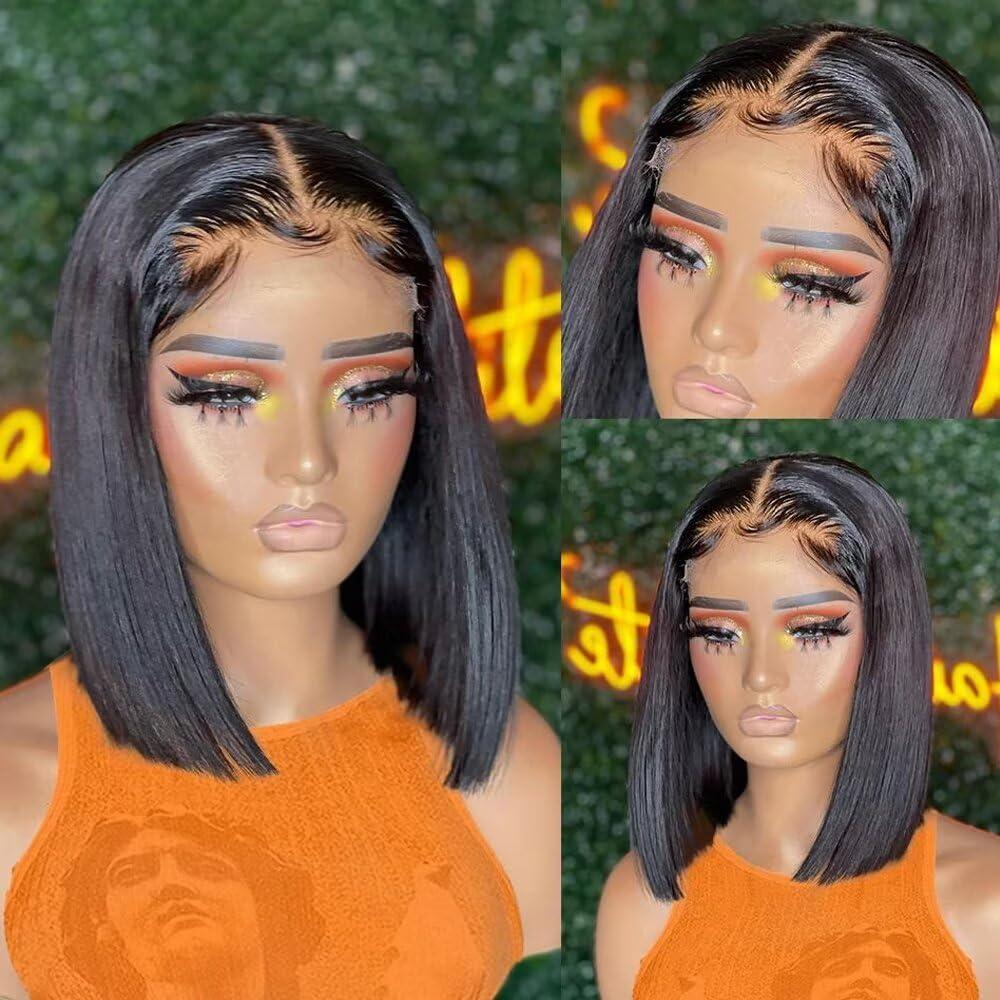 oulaer Short Bob Cut Wigs 180% Density Bone Straight Human Hair Wig For Black Women HD Transparent Lace Front Wig Pre Plucked With Baby Hair Brazilian Virgin Hair Short Wigs Bleached Knots 16Inch