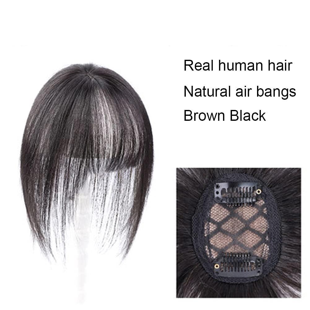 RemeeHi RemeeHi 10 Inch Human Hair Bangs with Top Piece Clip in Seamless Topper&Fringe Extension Real Human Hair 3D Air Bangs -Brown Black