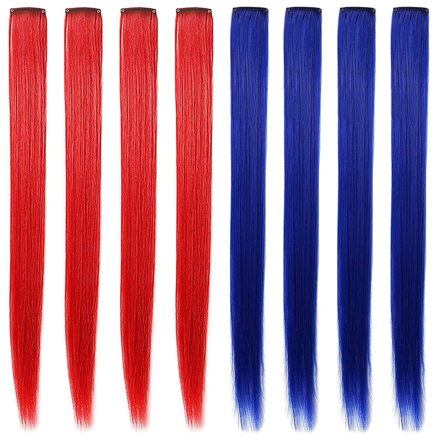 IAMERUI IAMERUI Multi-Colors Hair Extensions Party Highlights Straight Clip in/on Colored Hair Streak Synthetic Hairpieces 8 Pieces (Blue Red)