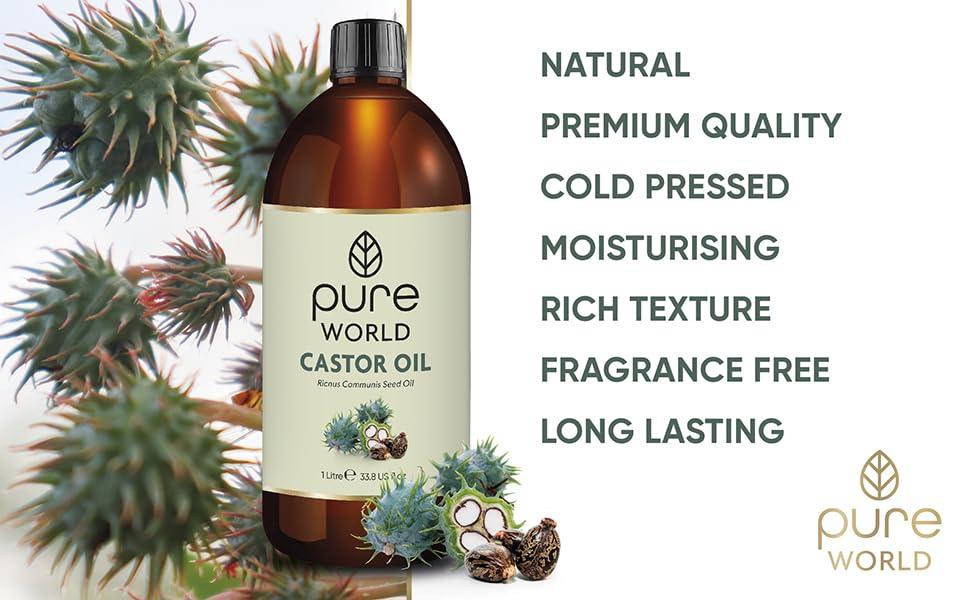 Pure World Pure World Castor Oil 1 Litre. Cold Pressed 100% Pure and Natural Hexane Free For Eyebrows, Nails, Beard, Hair, Eyelash Growth Cruelty-Free