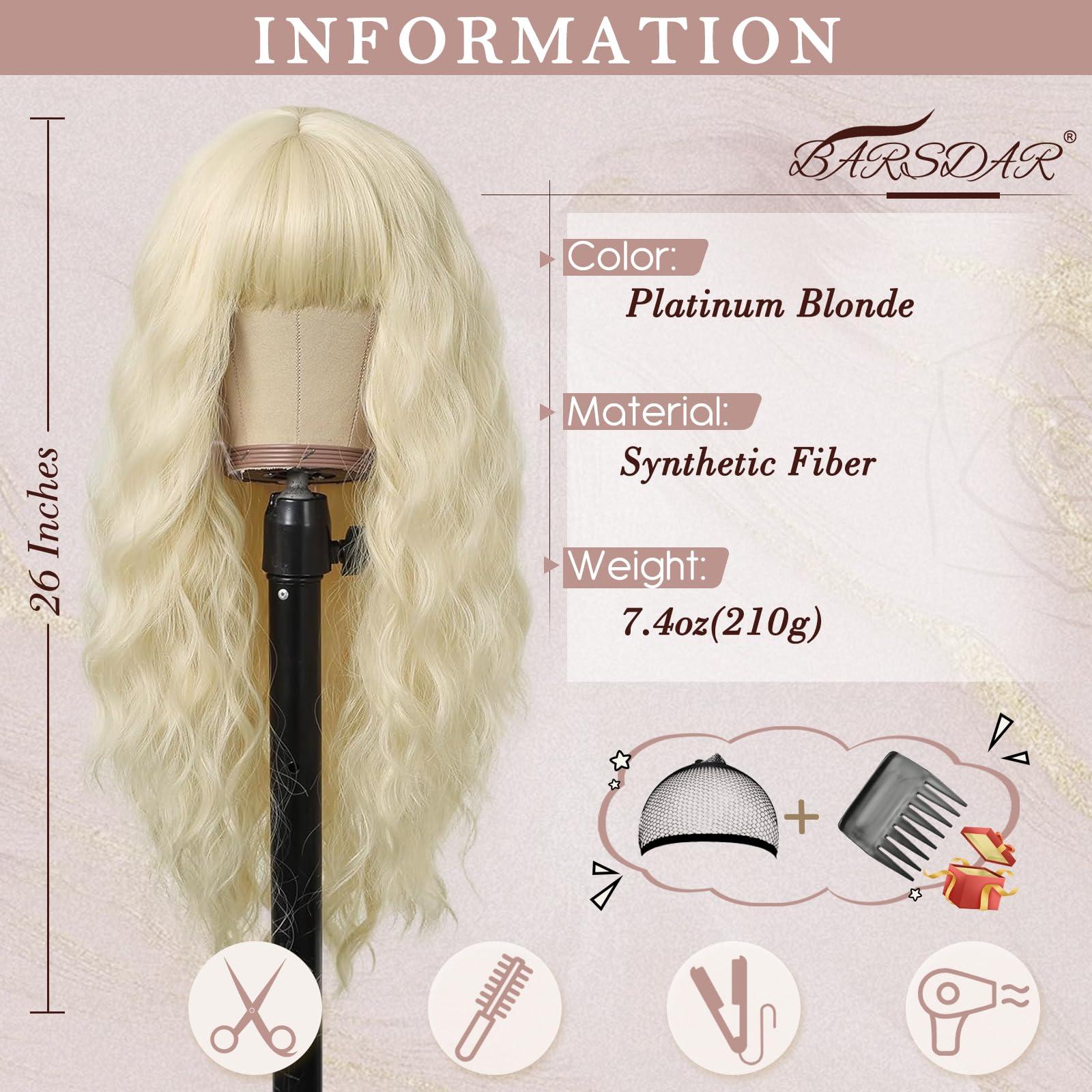 BARSDAR BARSDAR Long Platinum Blonde Wigs With Bangs - 26 Inch Long Wavy Wig With Bangs for Women - Natural Looking Synthetic Hair Daenerys Wigs Daily Cosplay Halloween Wigs - Platinum Blonde